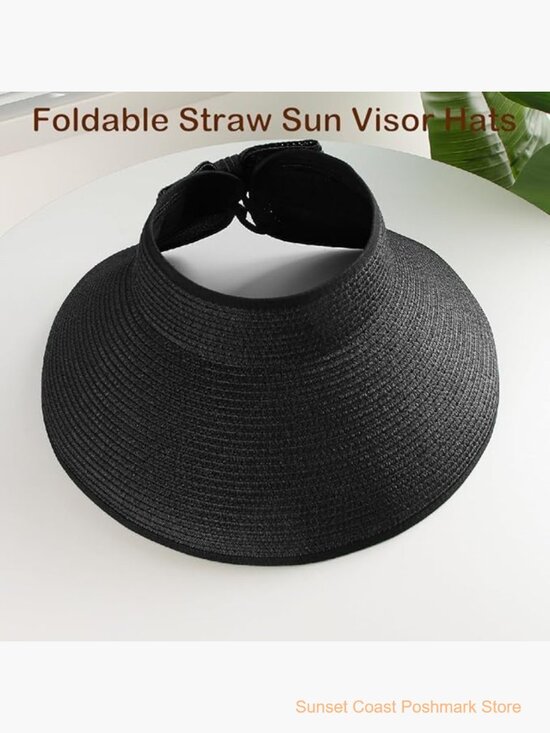 Foldable Straw Sun Visor Hat Wide Brim Ponytail Summer Beach
